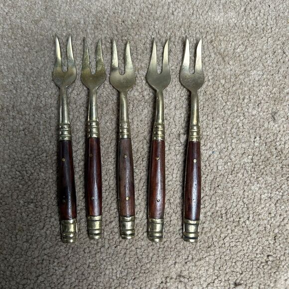 Vintage Lot of 5 Thailand Brass and Teakwood Mini Forks Flatware - Picture 1 of 4